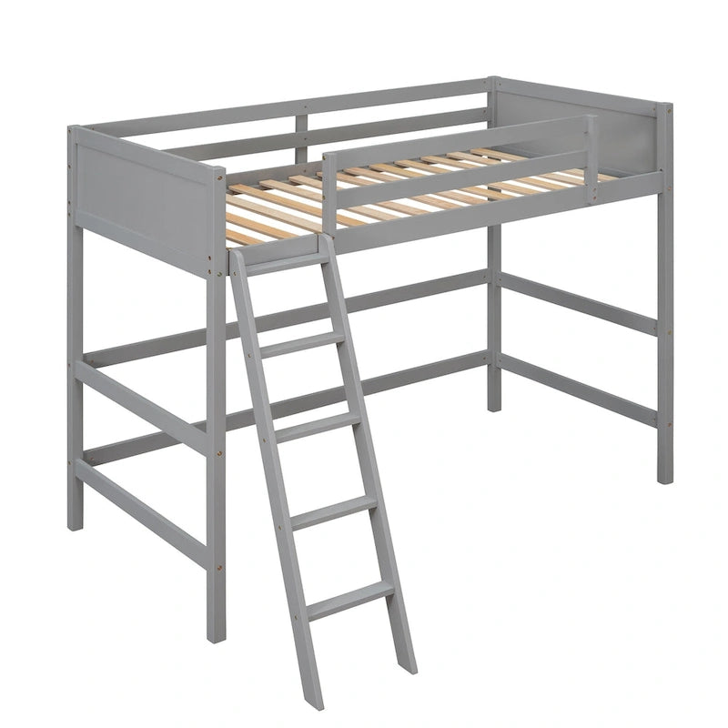 Estructura de cama alta moderna de madera de pino maciza con escalera inclinada