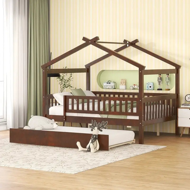Full Size Wooden House Bed with Twin Size Trundle, Kid's Bed