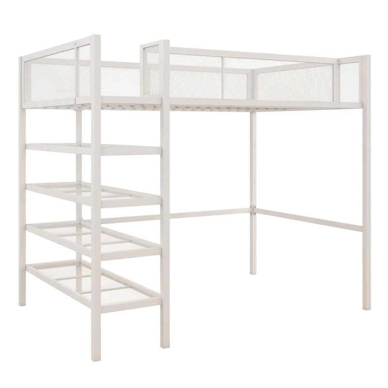 Estructura de cama alta tipo loft moderna de metal con barandillas de malla y estantes