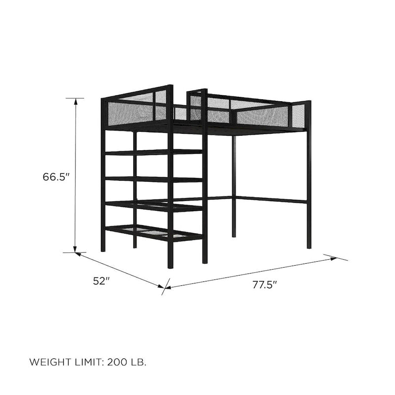 Estructura de cama alta tipo loft moderna de metal con barandillas de malla y estantes