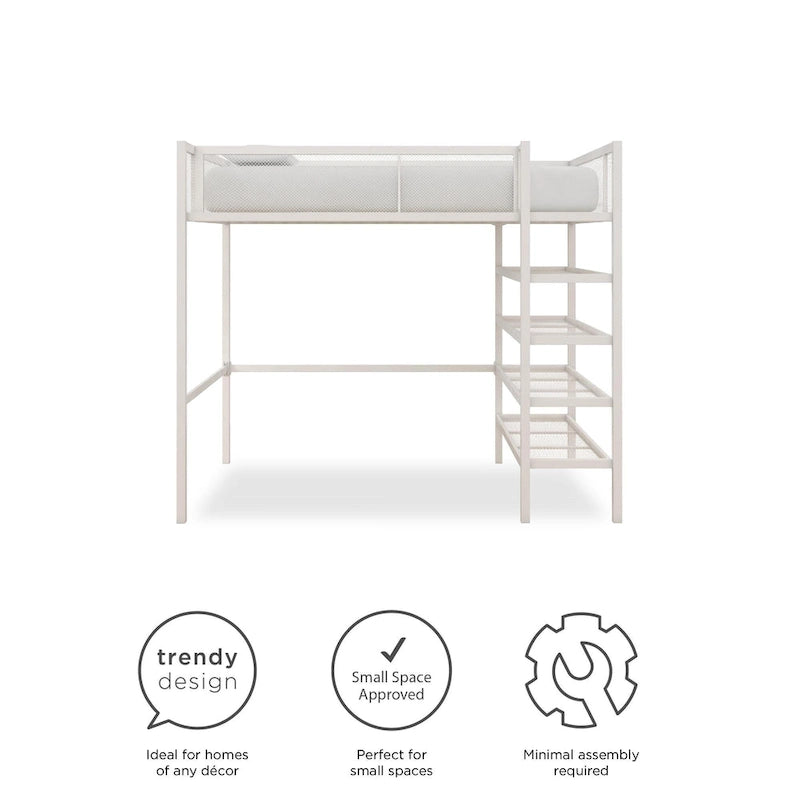 Estructura de cama alta tipo loft moderna de metal con barandillas de malla y estantes