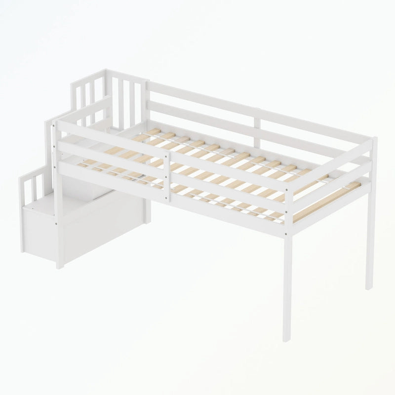 Cama baja tipo loft moderna de madera de pino con escalera de almacenamiento