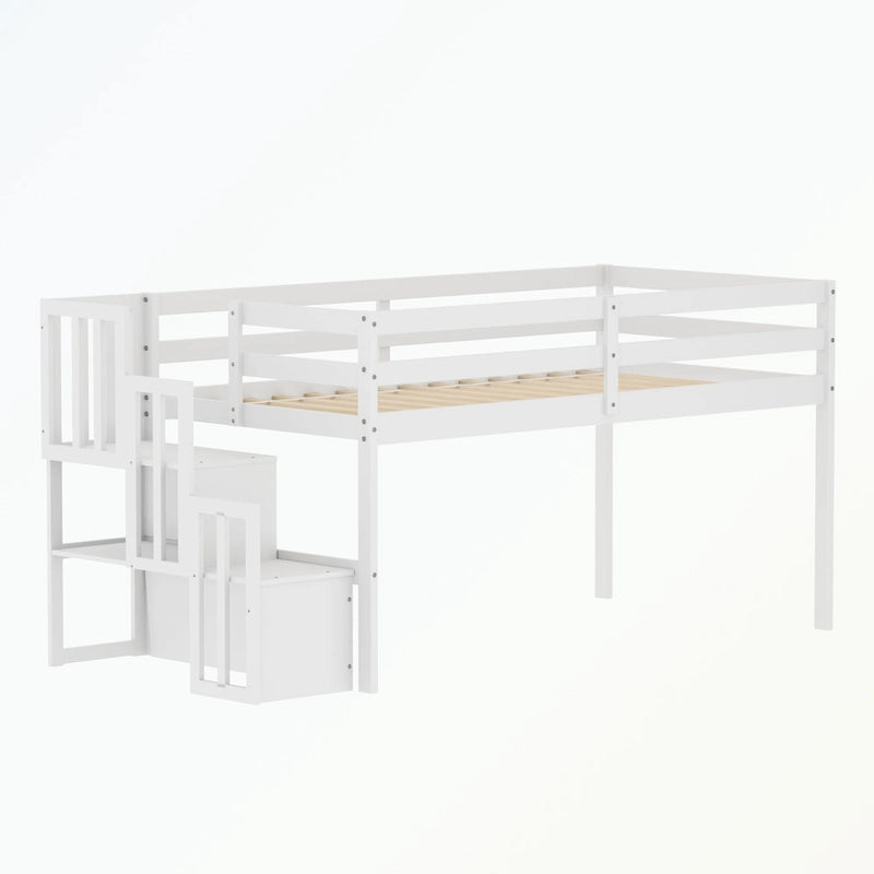 Cama baja tipo loft moderna de madera de pino con escalera de almacenamiento