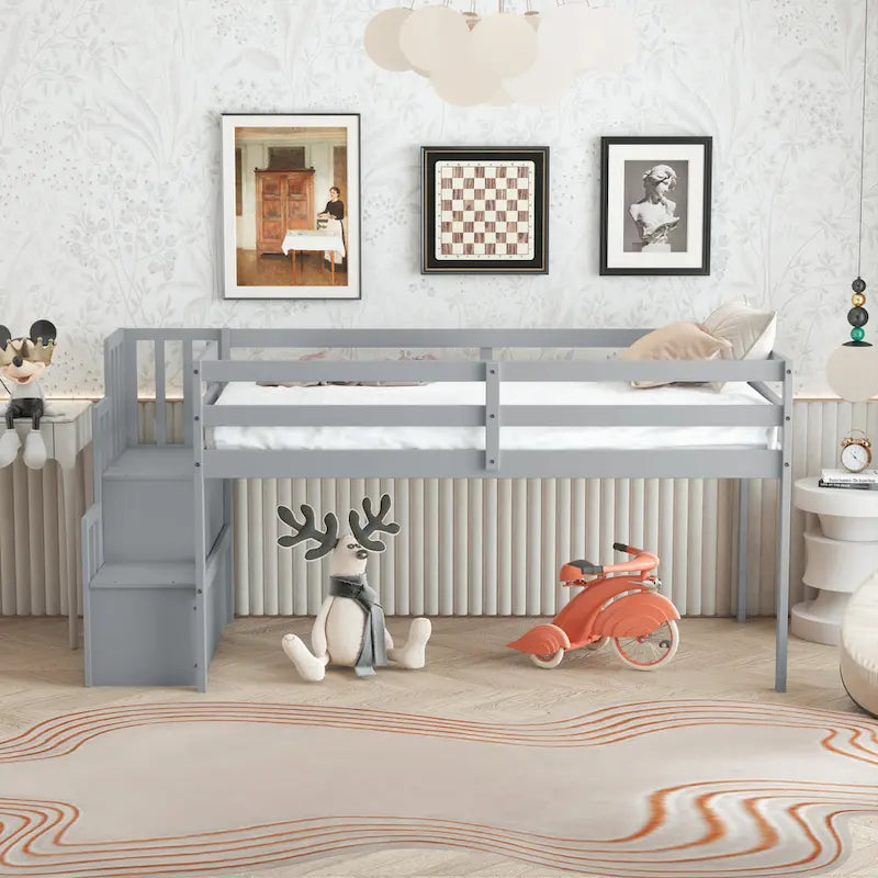 Cama baja tipo loft moderna de madera de pino con escalera de almacenamiento