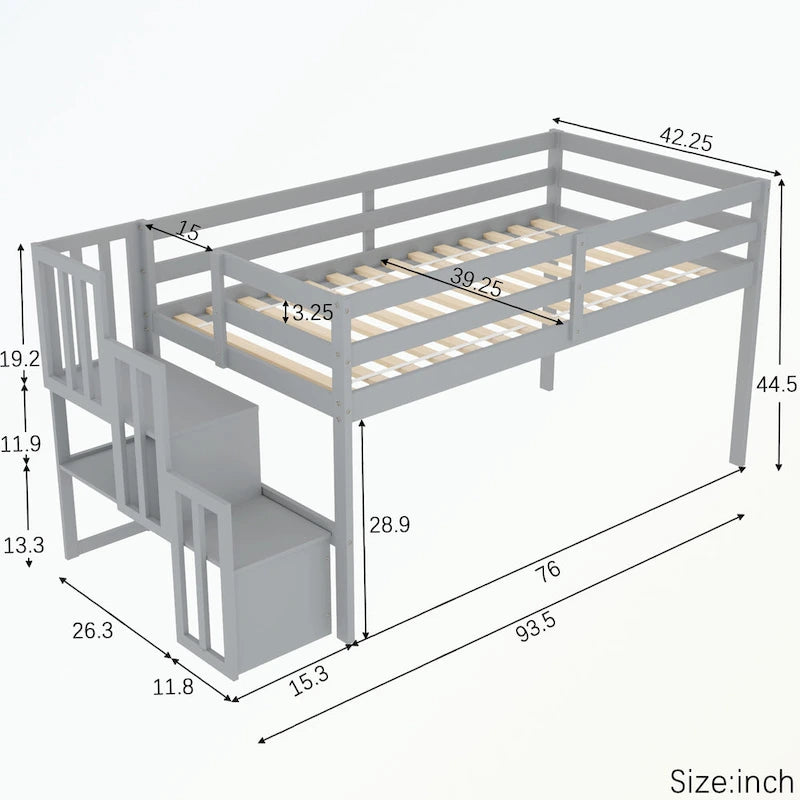 Cama baja tipo loft moderna de madera de pino con escalera de almacenamiento