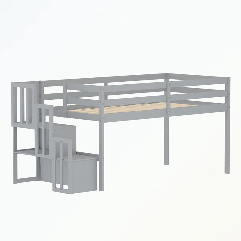Cama baja tipo loft moderna de madera de pino con escalera de almacenamiento