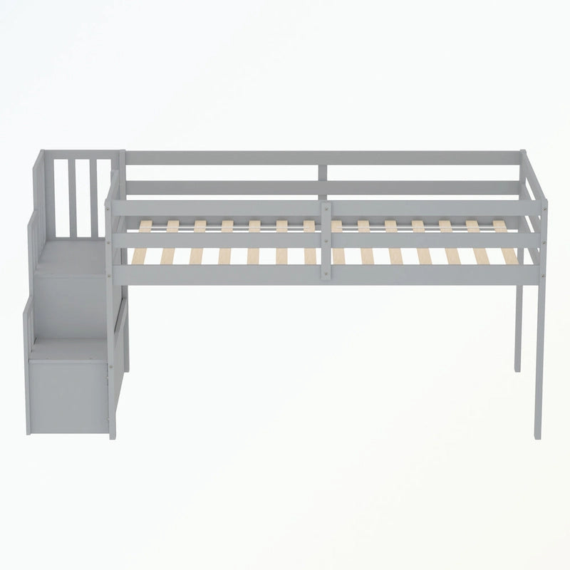 Cama baja tipo loft moderna de madera de pino con escalera de almacenamiento