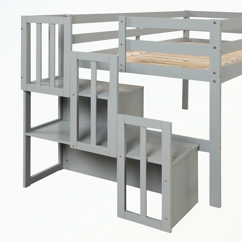 Cama baja tipo loft moderna de madera de pino con escalera de almacenamiento