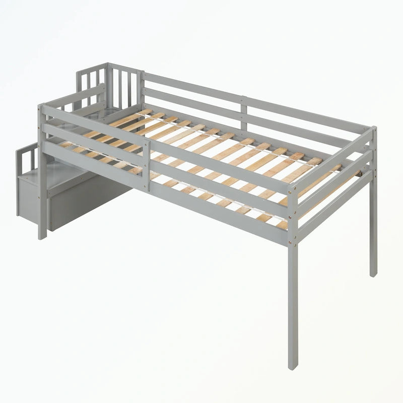 Cama baja tipo loft moderna de madera de pino con escalera de almacenamiento