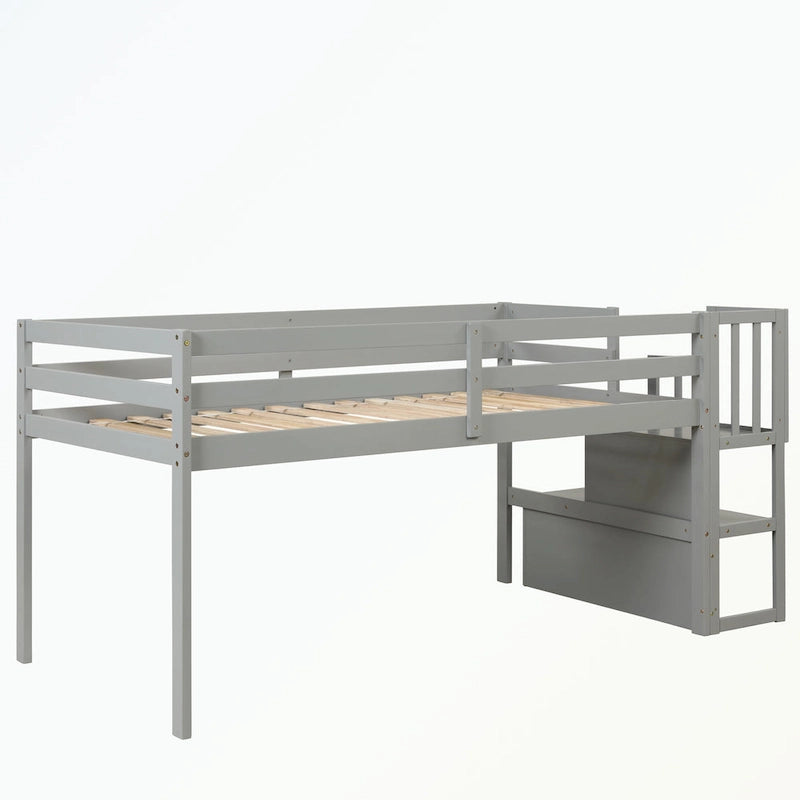 Cama baja tipo loft moderna de madera de pino con escalera de almacenamiento
