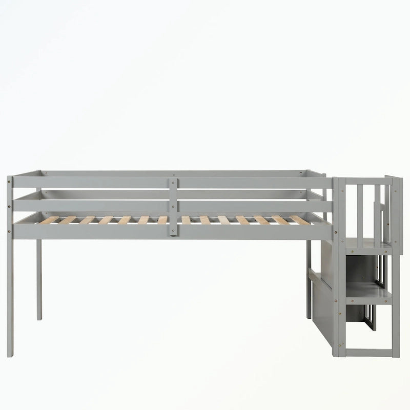 Cama baja tipo loft moderna de madera de pino con escalera de almacenamiento