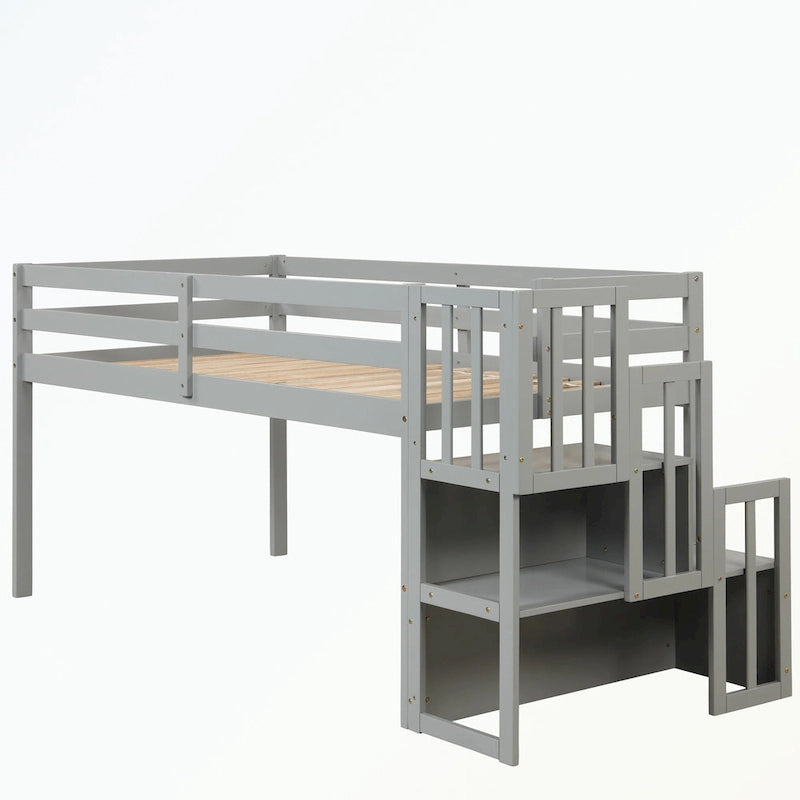Cama baja tipo loft moderna de madera de pino con escalera de almacenamiento