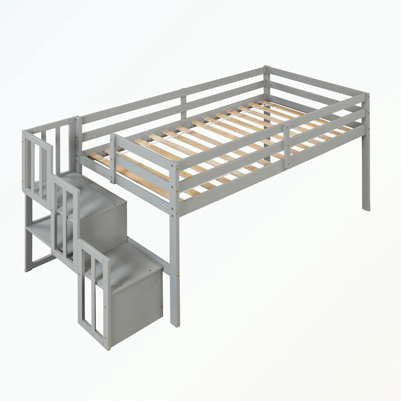 Cama baja tipo loft moderna de madera de pino con escalera de almacenamiento