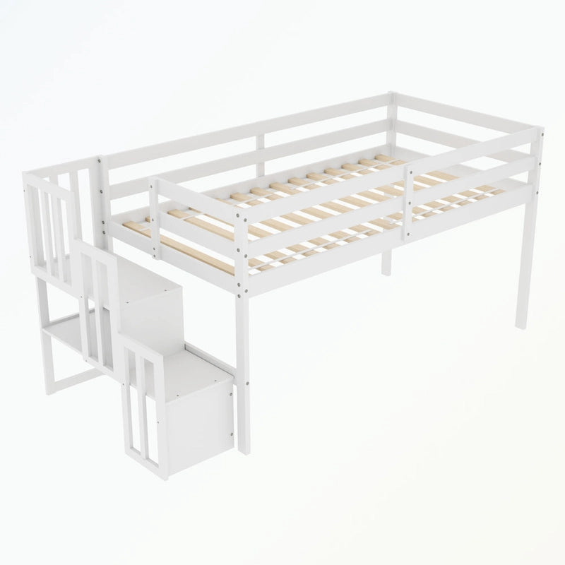 Cama baja tipo loft moderna de madera de pino con escalera de almacenamiento
