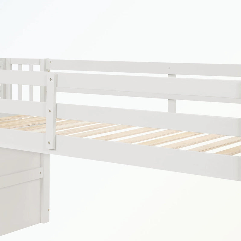 Cama baja tipo loft moderna de madera de pino con escalera de almacenamiento