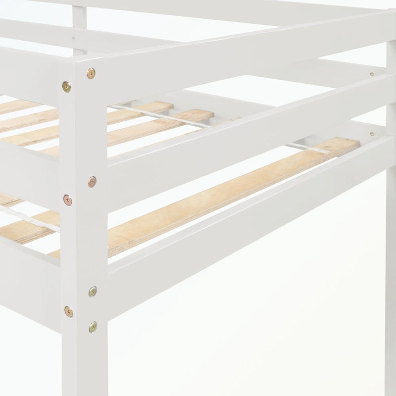 Cama baja tipo loft moderna de madera de pino con escalera de almacenamiento