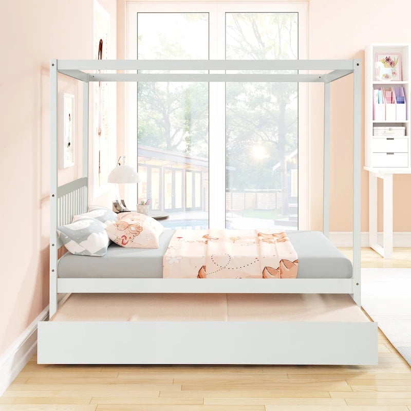 Cama con dosel moderna de madera de pino con cabecero de listones y plataforma