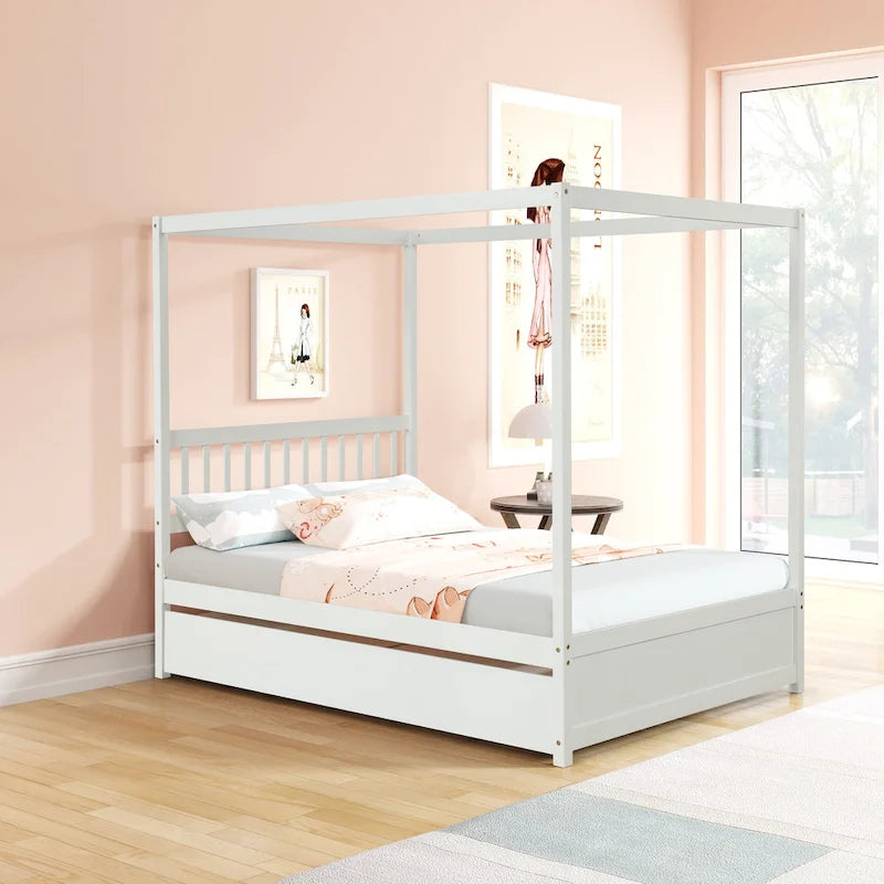 Cama con dosel moderna de madera de pino con cabecero de listones y plataforma