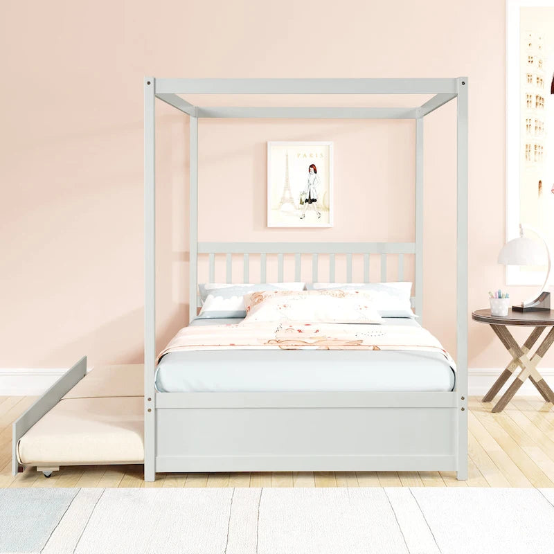 Cama con dosel moderna de madera de pino con cabecero de listones y plataforma