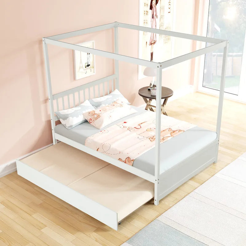 Cama con dosel moderna de madera de pino con cabecero de listones y plataforma