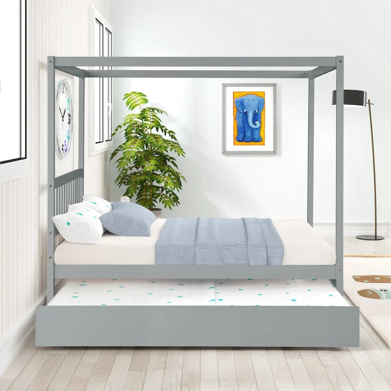 Letto a baldacchino moderno in legno di pino con testiera a doghe e base rialzata