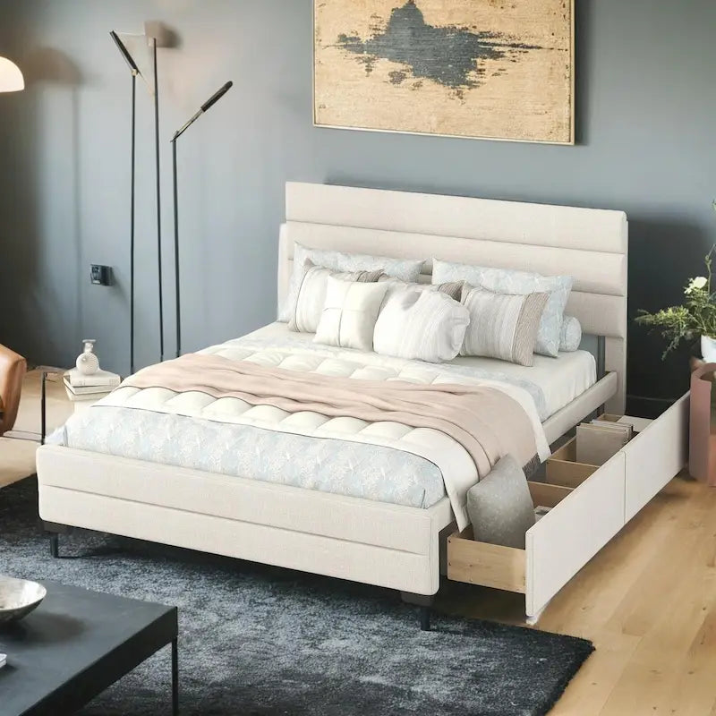 Cama plataforma moderna tapizada con cabecero de paneles y cajones de almacenamiento