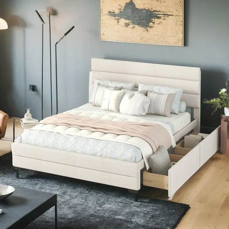 Queen Upholstered Platform Bed with Twin Size Trundle and Two Drawers
