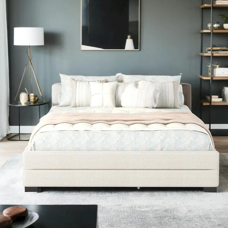 Cama plataforma moderna tapizada con cabecero de paneles y cajones de almacenamiento