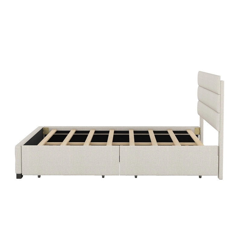 Cama plataforma moderna tapizada con cabecero de paneles y cajones de almacenamiento