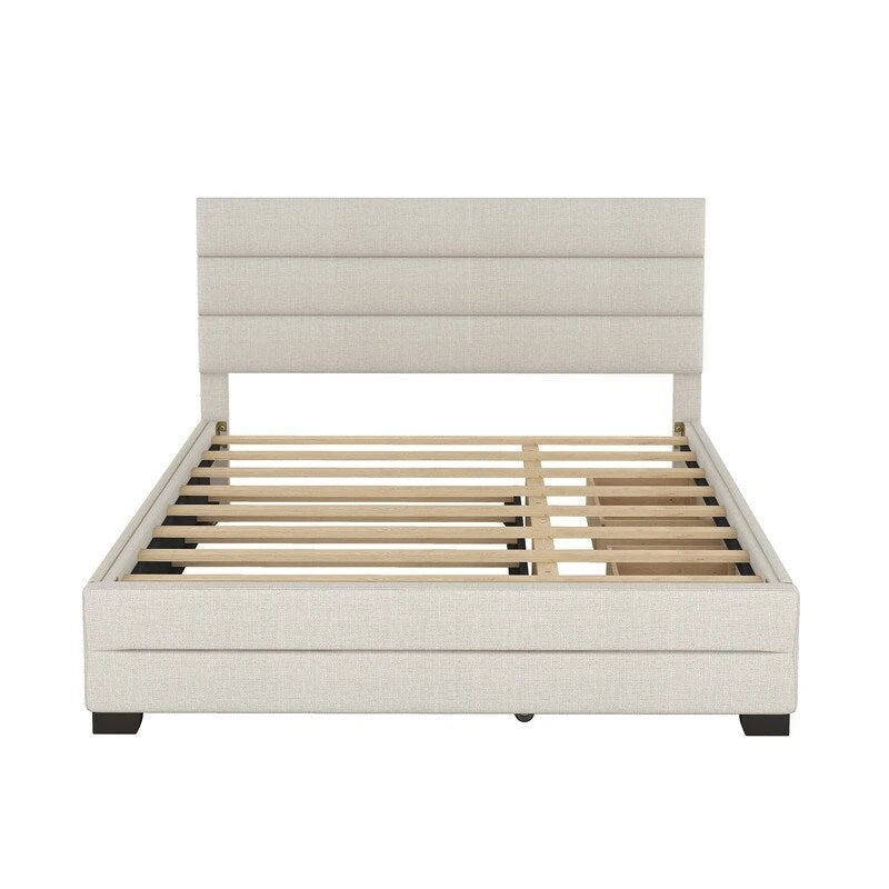 Cama plataforma moderna tapizada con cabecero de paneles y cajones de almacenamiento