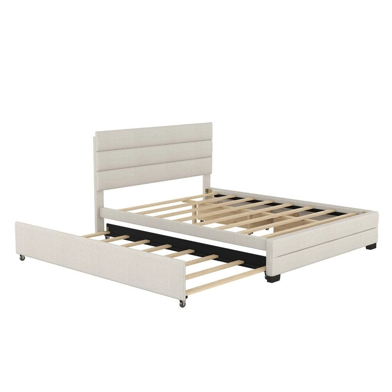 Cama plataforma moderna tapizada con cabecero de paneles y cajones de almacenamiento