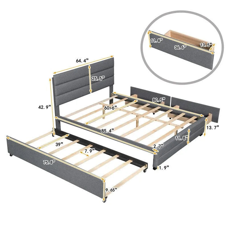 Cama plataforma moderna tapizada con cabecero de paneles y cajones de almacenamiento