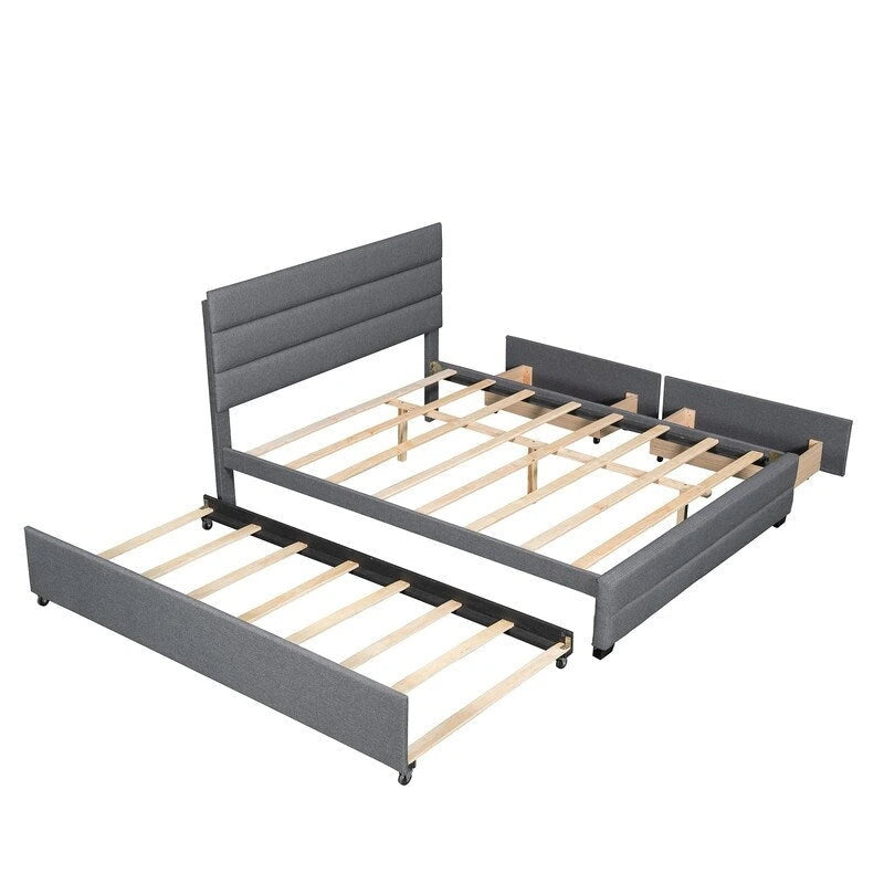 Cama plataforma moderna tapizada con cabecero de paneles y cajones de almacenamiento
