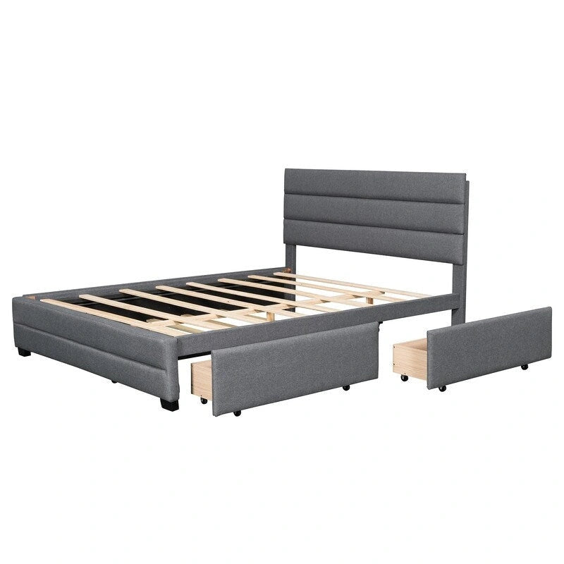 Cama plataforma moderna tapizada con cabecero de paneles y cajones de almacenamiento