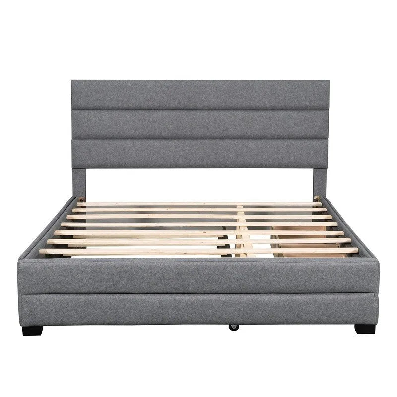 Cama plataforma moderna tapizada con cabecero de paneles y cajones de almacenamiento