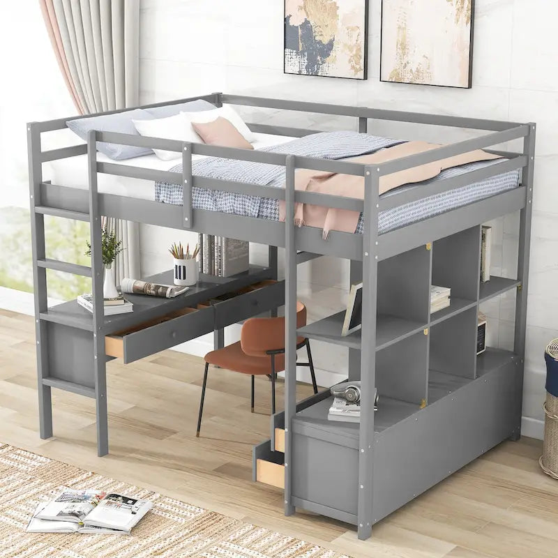 Full Size Loft Bed with Built-in Desk with Two Drawers, and Storage Shelves and Drawers,Gray
