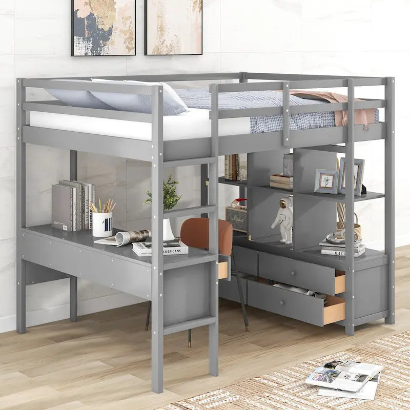 Cama alta tipo loft moderna gris de madera de pino con cajones de almacenamiento integrados