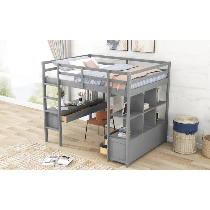 Cama alta tipo loft moderna gris de madera de pino con cajones de almacenamiento integrados