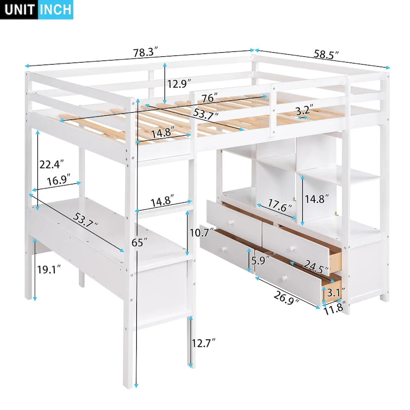 Cama alta tipo loft moderna gris de madera de pino con cajones de almacenamiento integrados