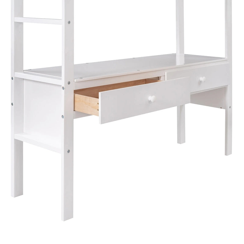 Cama alta tipo loft moderna gris de madera de pino con cajones de almacenamiento integrados