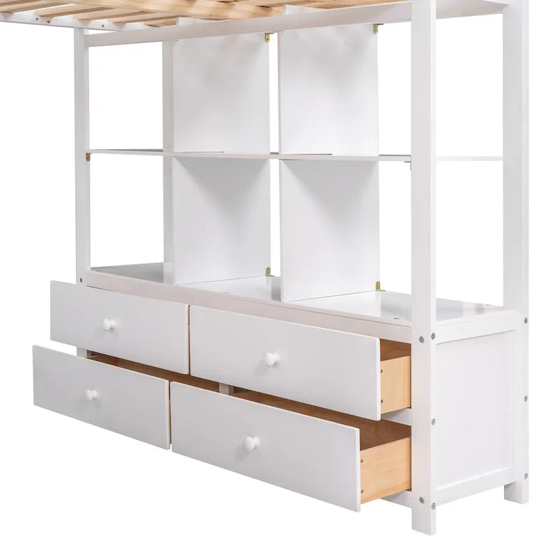Letto alto moderno grigio in legno di pino con cassetti contenitore integrati