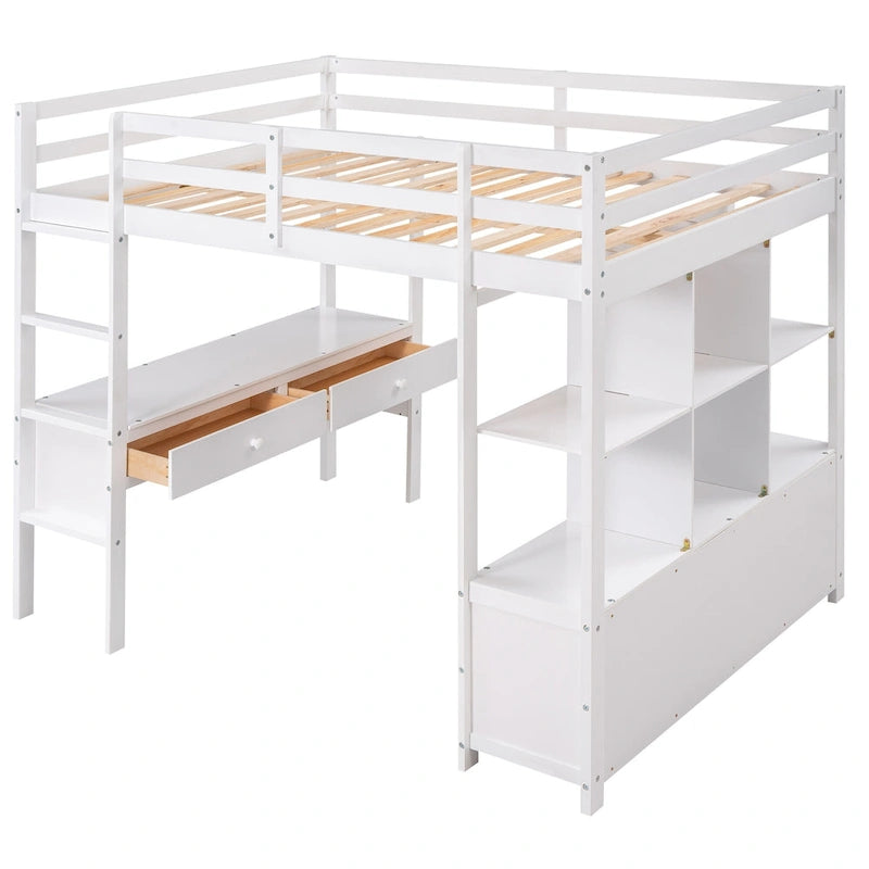 Letto alto moderno grigio in legno di pino con cassetti contenitore integrati