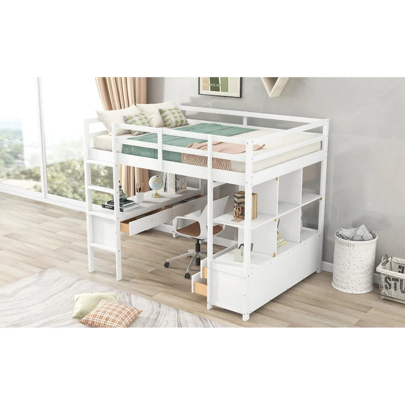 Letto alto moderno grigio in legno di pino con cassetti contenitore integrati