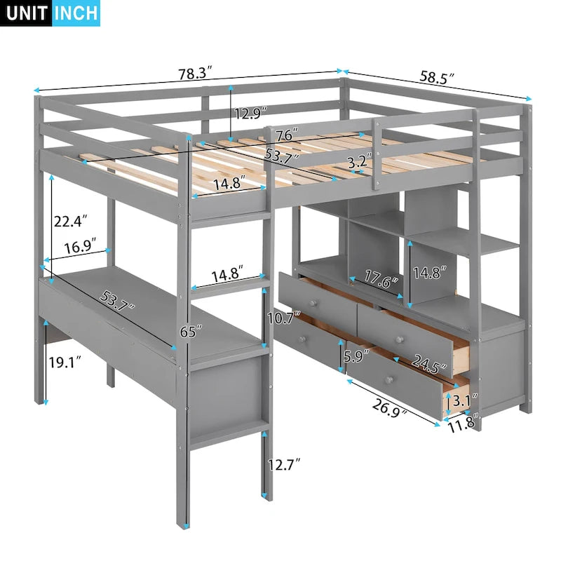 Letto alto moderno grigio in legno di pino con cassetti contenitore integrati