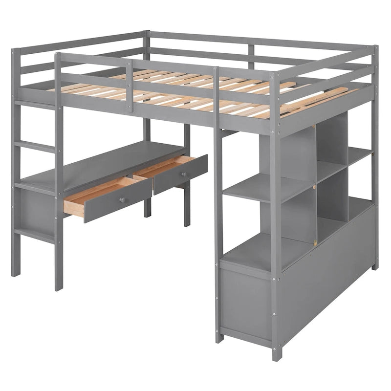 Letto alto moderno grigio in legno di pino con cassetti contenitore integrati