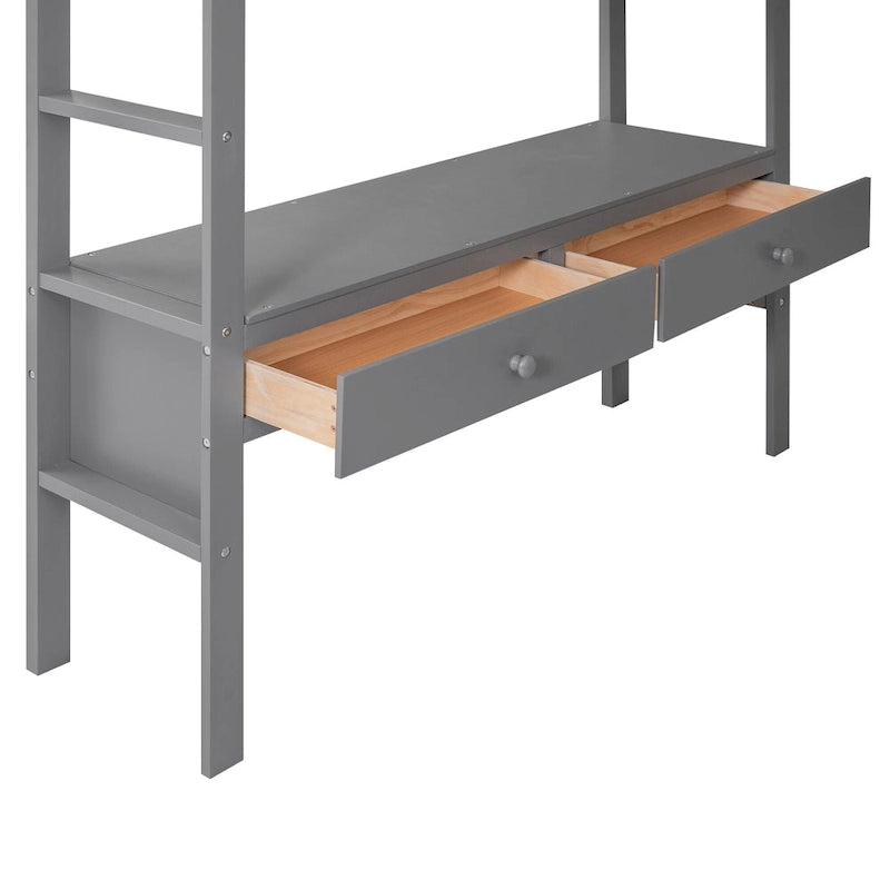 Letto alto moderno grigio in legno di pino con cassetti contenitore integrati