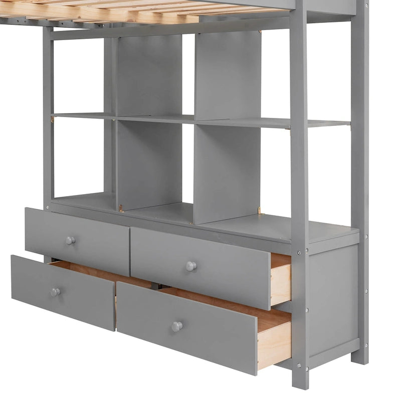 Letto alto moderno grigio in legno di pino con cassetti contenitore integrati