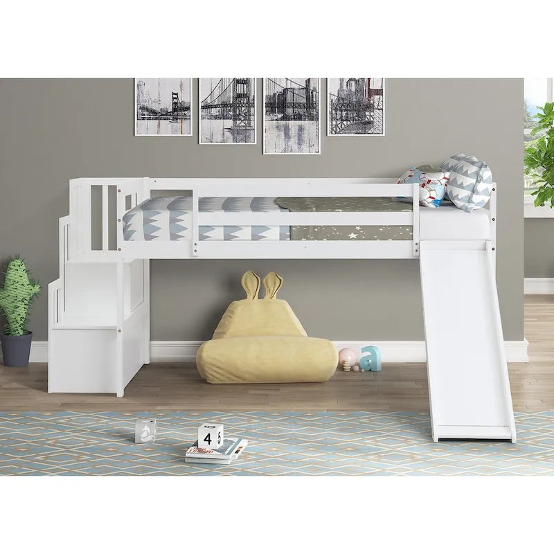Loft Bed with Staircase, Storage, Slide, Twin size, Full-length Safety Guardrails, No Box Spring Needed, Grey