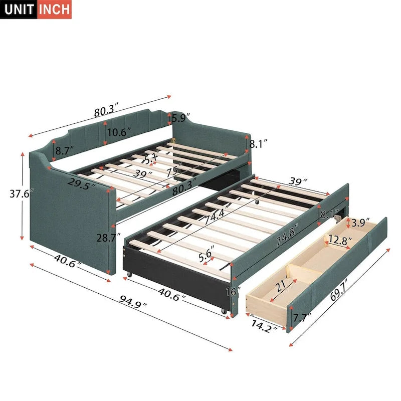 Merax Twin Upholstered Daybed with Trundle, 3 Drawers