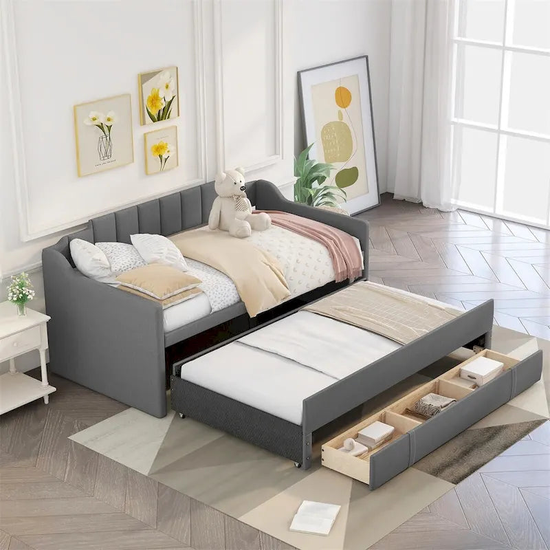 Cama nido moderna tapizada de mezcla de lino con respaldo de paneles y almacenamiento